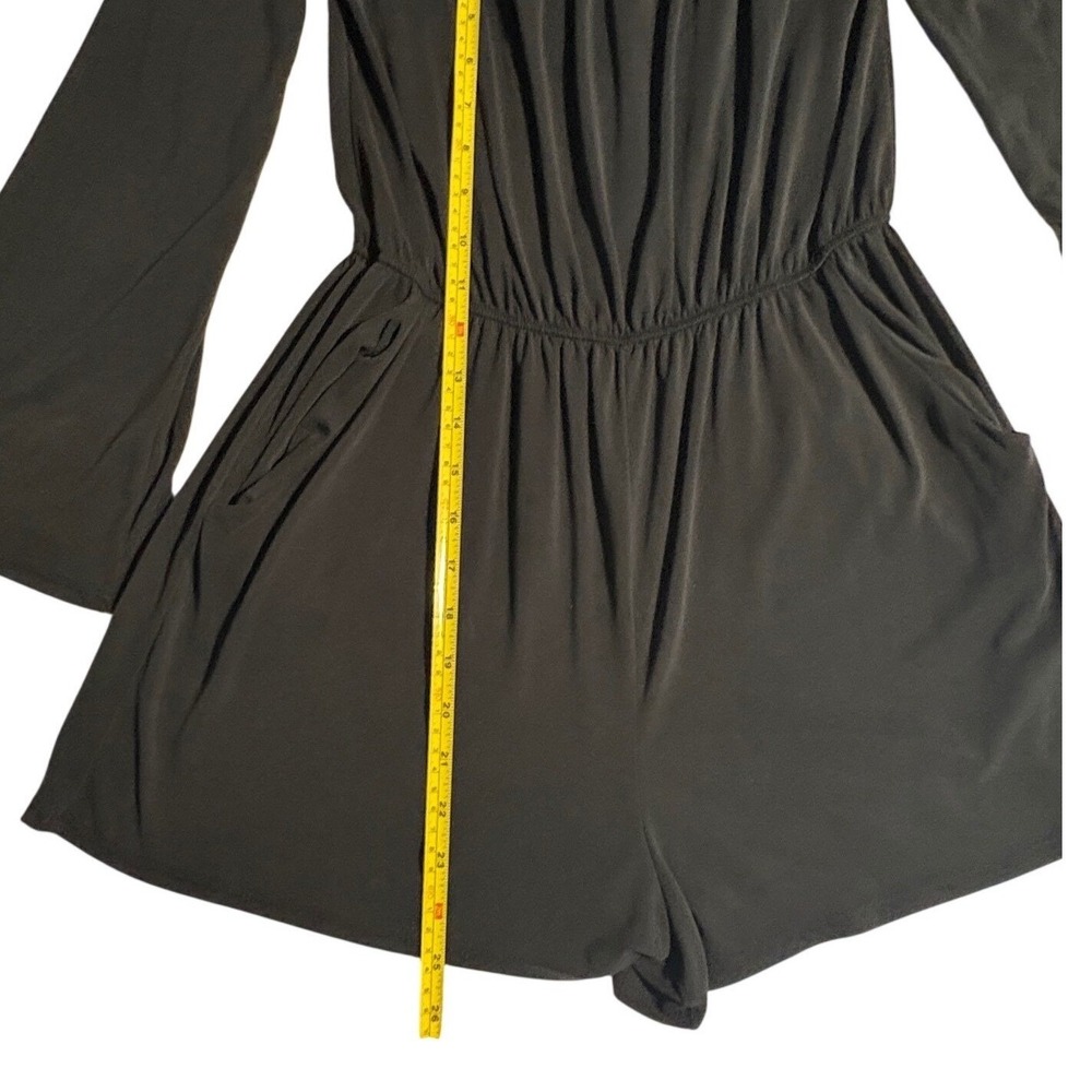 Soft Black Off The Shoulder Bell Sleeve Romper Shorts with Pockets Women S - Picture 3 of 10
